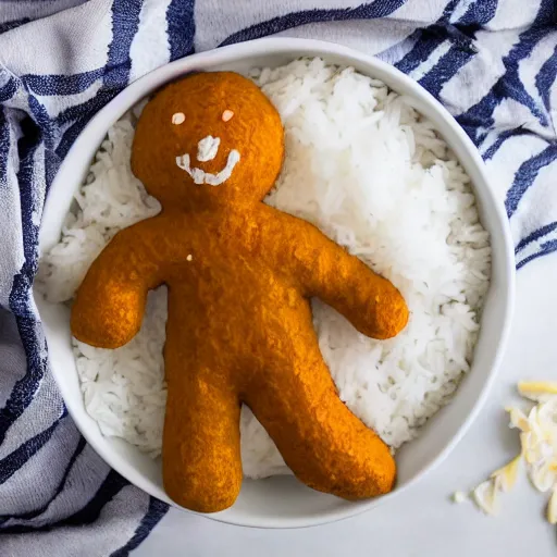 Prompt: ginger man bathing in a large bowl of white rice