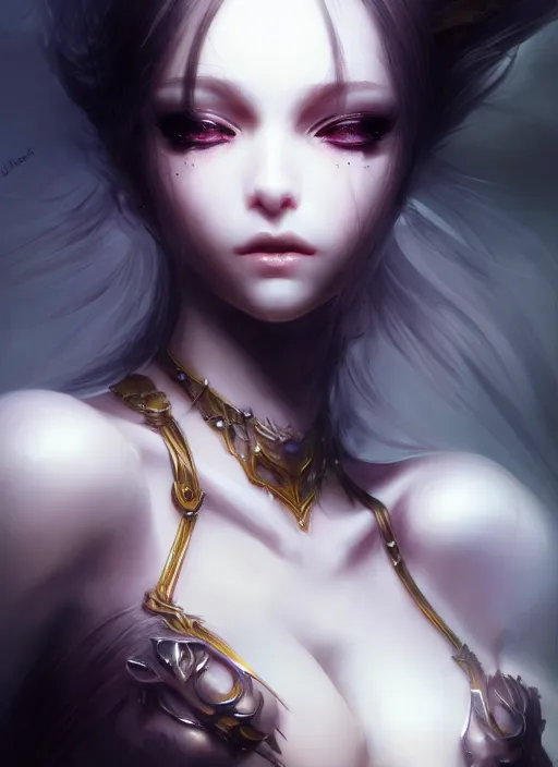 Image similar to dark goddess fullbody pose, beautiful face, highly detailed, yoshitaka amano, artstation, soft light, sharp focus, illustration, character design, concept art