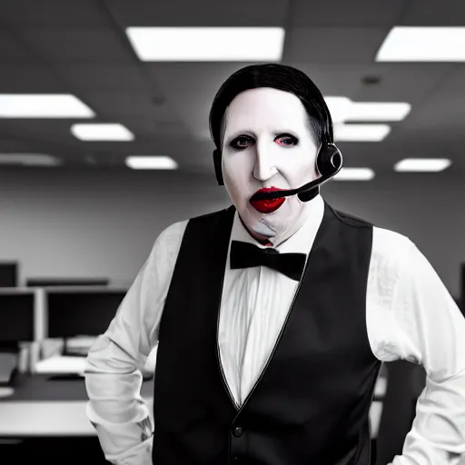 Image similar to Marilyn Manson, wearing office attire, working in a call center, portrait photography, bokeh, depth of field, 4k