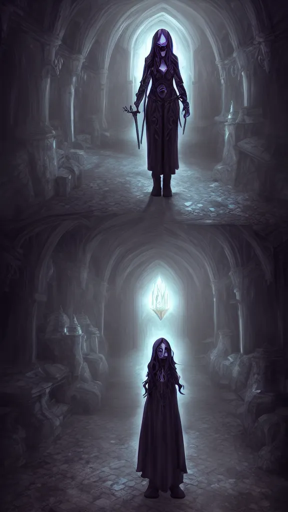 Prompt: undead wizard girl character, standing in crypts casting a spell, 3 point perspective, photorealistic, volumetric lighting, intricate detail, digital art, Artgerm