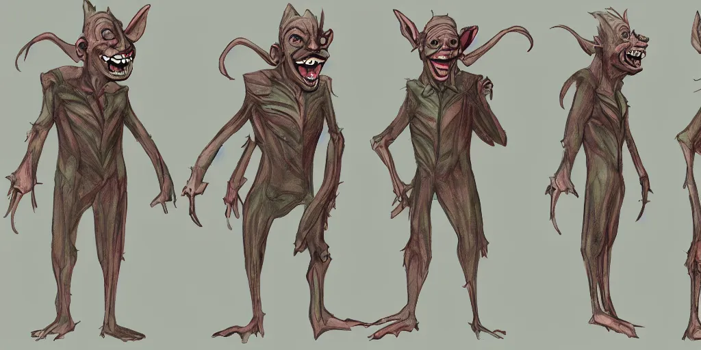 Image similar to Full body goblin, ripped suit, grinning, smile, concept sheet