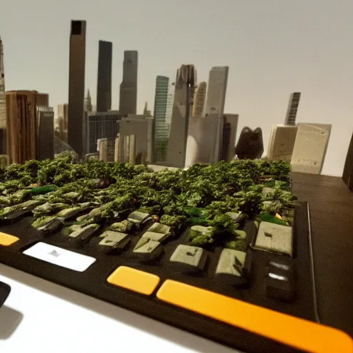 Prompt: a city built on a macbook keyboard, microworld, with trees and a civilization