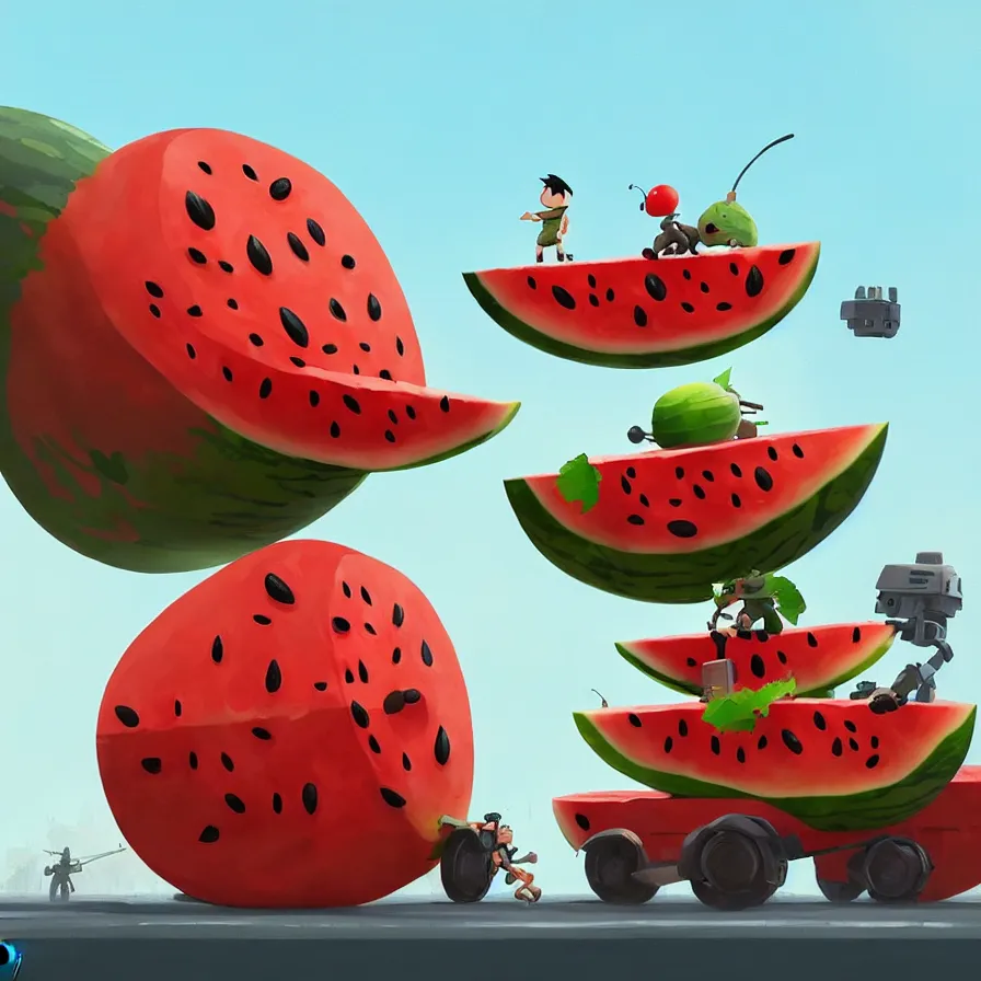 Image similar to Goro Fujita illustrating a watermelon military machine defending a city, art by Goro Fujita, sharp focus, highly detailed, ArtStation