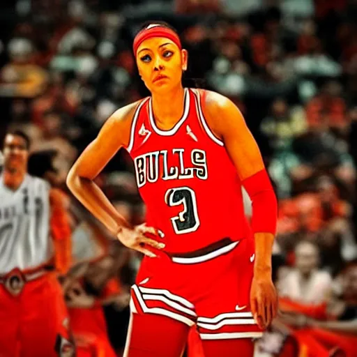 Image similar to candace parker in bulls jersey, high contrast, high saturation cinematic film still