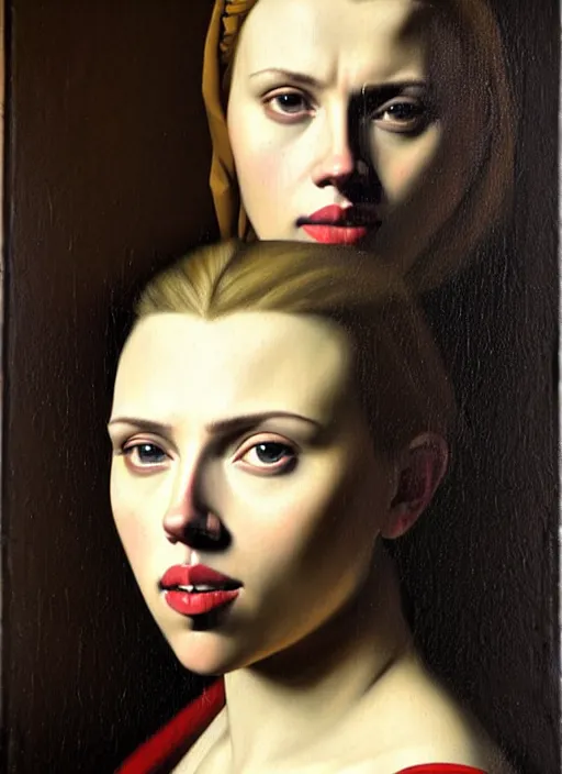 Prompt: portrait of scarlett johansson, oil painting by johannes vermeer, 1 7 th century, art, oil on canvas, wet - on - wet technique, realistic, expressive emotions, intricate textures, illusionistic detail