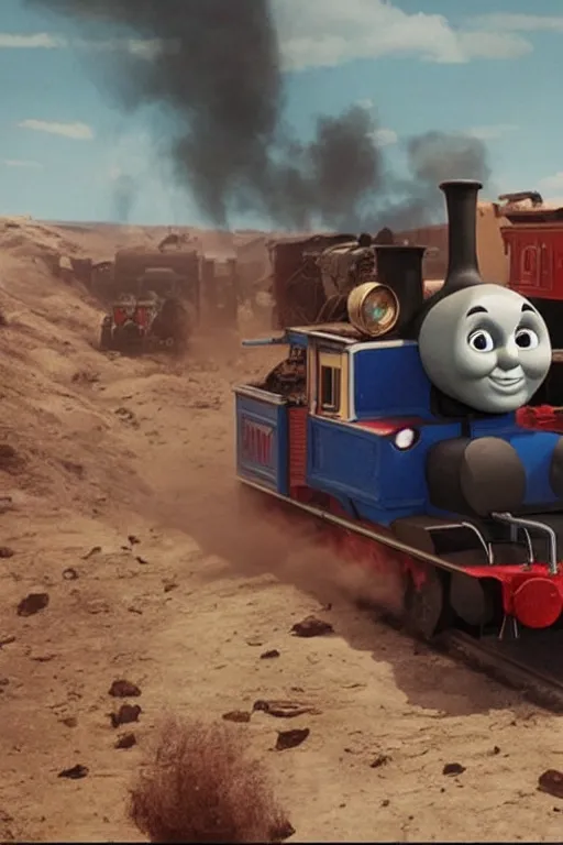 Image similar to Thomas the Tank Engine in the fiery Wasteland of MAD MAX: FURY ROAD