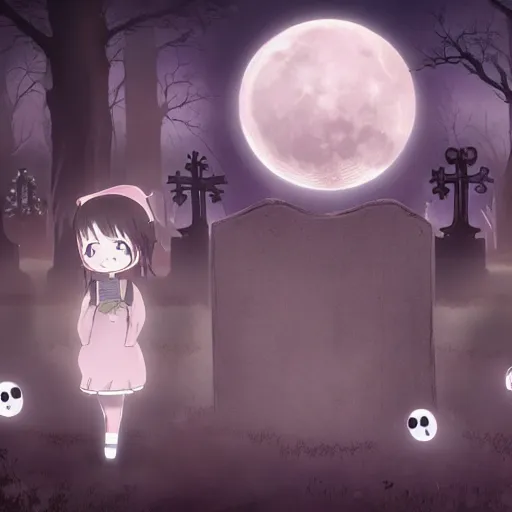 Image similar to anime hd, anime, 2 0 1 9 anime, ghost children, children born as ghosts, london cemetery, gloomy lighting, moon in the sky, gravestones, creepy smiles