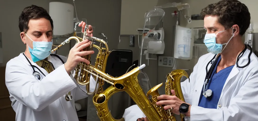 Prompt: doctor playing saxophone made out of clear tubing, syringes, urine collection bag, iv pole, fluid bag, nebulizer equipment, bag - valve mask, defibrillator, coban