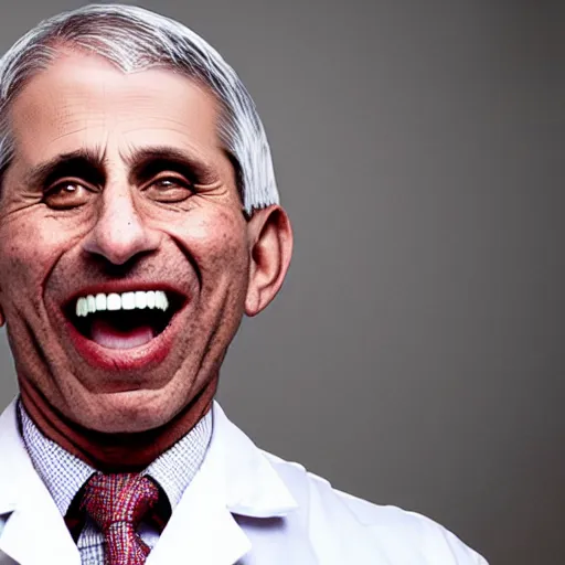 Prompt: horror film stark raving mad lunatic doctor anthony fauci, covered in blood, white lab coat, red stains, laughing maniacally, holding needles and syringes in his hands