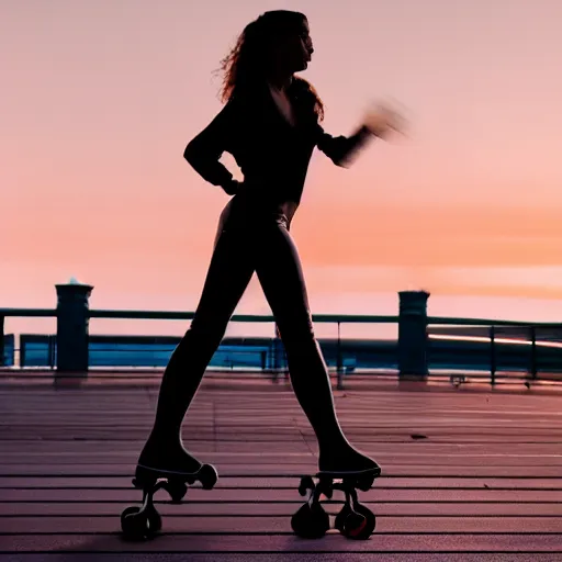 Image similar to a roller skater in a cinematic closeup. in santa monica at blue hour. canon eos c 3 0 0, ƒ 1. 8, 2 0 0 mm. 8 k. inspired by roger deakins cinematography