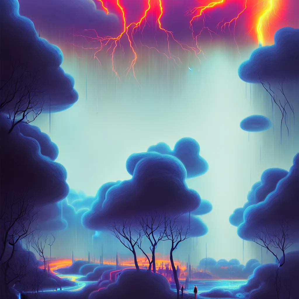 Prompt: illustration of a data-center architecture, connector, firewall, cloud, security, river, trees, thunderstorm, trending on Artstation, painting by Jules Julien, Leslie David and Lisa Frank and Peter Mohrbacher and Alena Aenami and Dave LaChapelle muted colors with minimalism