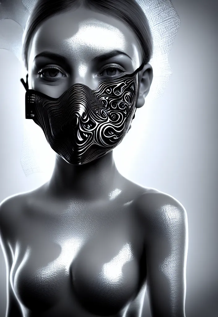 Image similar to young beautiful woman with a face medical mask. fractal, mandelbulb, speed painting, scribble art, octane render. black and white. intricate details, 8k, 3D, beautiful, cinematic. futurism, Unreal Engine, photorealistic.