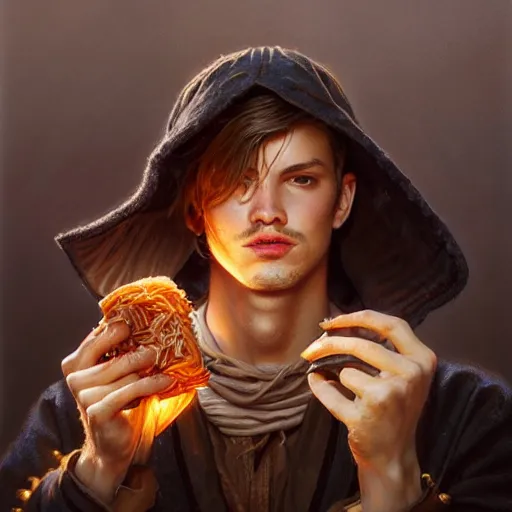 Image similar to portrait of a young rugged hamburger, extra onions and ketchup, luscious patty with sesame seeds, masculine, handsome, D&D, fantasy, intricate, elegant, highly detailed, digital painting, artstation, concept art, matte, sharp focus, illustration, art by Artgerm and Greg Rutkowski and Alphonse Mucha