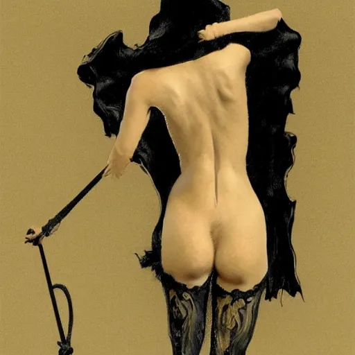 Prompt: Back view of the grim reaper as a beautiful woman, thin black lingerie, classy, long detailed ornate scythe, elegant, posing, vintage shading, award winning, by Ilya Repin and Dave McKean, deviant art