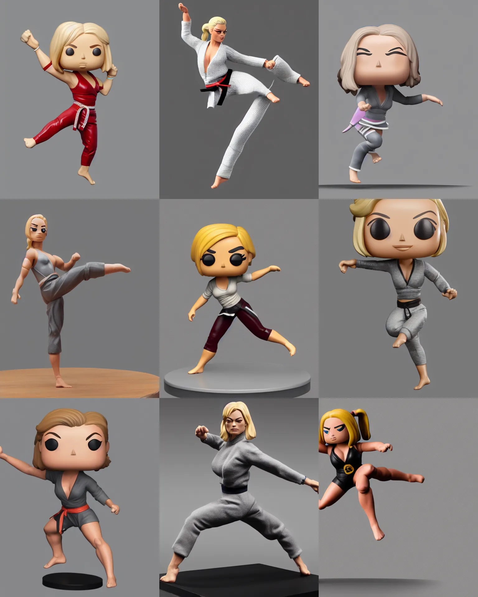 Prompt: full body 3 d render of margot robbie doing karate kick as a funko pop!, studio lighting, grey background, single body, no shadow, blender, trending on artstation, 8 k, highly detailed