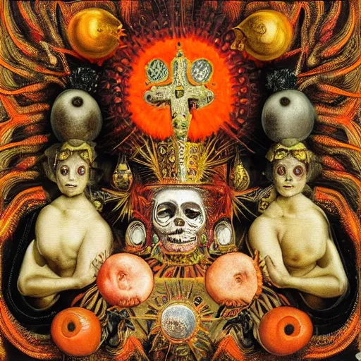 Prompt: album cover, religious reliquary, new age, black, white, orange, psychedelic, giuseppe arcimboldo