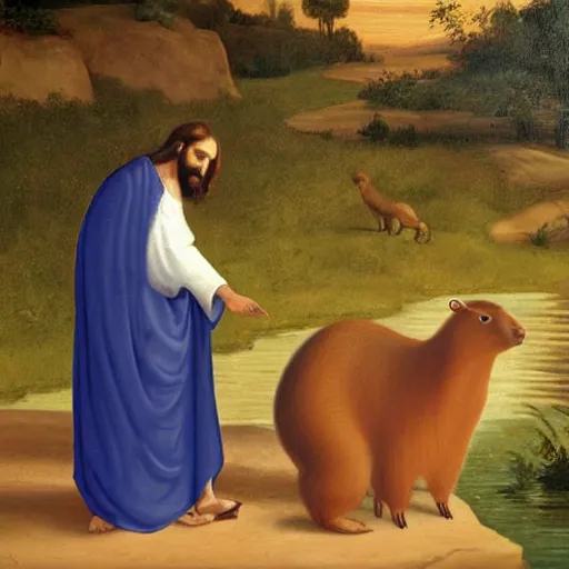 Prompt: real painting of jesus petting a capybara at the river, old painting ultra realistic image