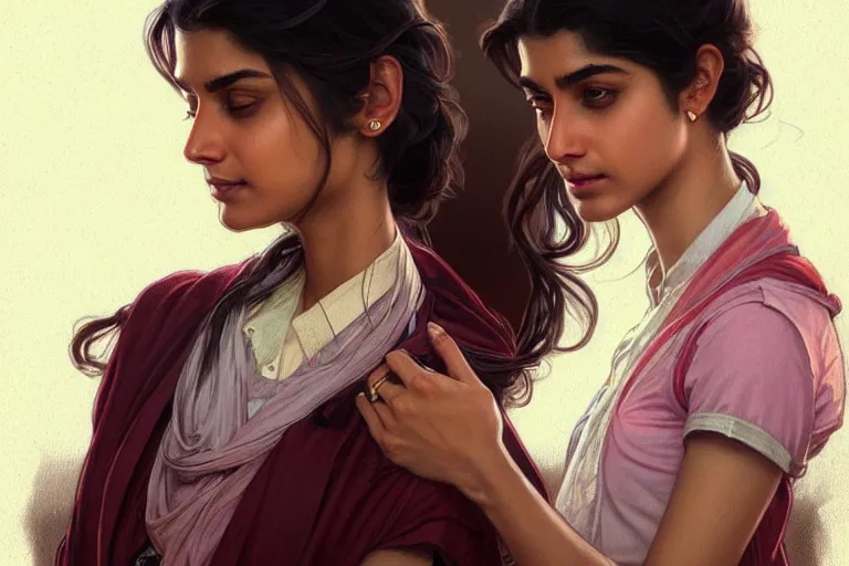 Image similar to Anxious pretty pale young Indian doctor wearing jeans at the airport, portrait, elegant, intricate, digital painting, artstation, concept art, smooth, sharp focus, illustration, art by artgerm and greg rutkowski and alphonse mucha