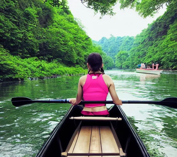 Image similar to a girl rowing a small rowboat, girl is focus, medium shot. Narrow river, close river bank, shady, forest, jungle, vines, trees, ripples, reflections. By Makoto Shinkai, Stanley Artgerm Lau, WLOP, Rossdraws, James Jean, Andrei Riabovitchev, Marc Simonetti, krenz cushart, Sakimichan, D&D trending on ArtStation, digital art.