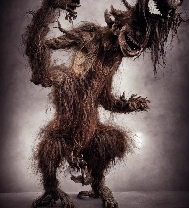 Prompt: hyper realistic photography of indonesian demon hairy fluffy muppet show horror nightmare elf goblin monster with long arms, ventriloquist, human anatomy, real teeth, full body, cinematic symmetric dark _ crystal, brian froud, alan lee, jean baptiste monge, scott radke