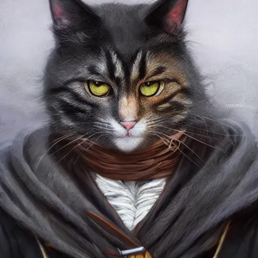 Image similar to portrait, male humanoid cat, eye patch on one eye, black fur, pirate, doctor, pirate clothes, d & d, fantasy, intricate, elegant, highly detailed, digital painting, artstation, concept art, matte, sharp focus, illustration, art by artgerm and greg rutkowski and alphonse mucha