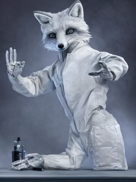 Image similar to a humanoid fox wearing a scientist white coat, chemicals on a white table in front of the fox, digital art, digital painting, masterpiece, anatomically correct, five fingers, cinematic, high coherence, realistic, high quality, highly detailed, 8 k, dramatic lighting, path traced, centered, high definition