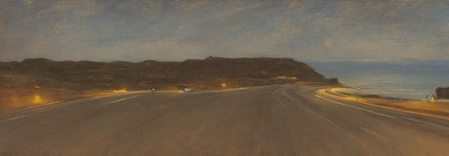 Prompt: the long and winding road by the sea at night by john christopher maxwell pratt,