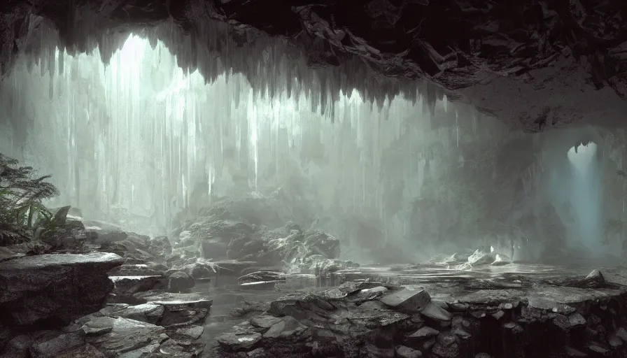 Prompt: a futuristic apartment interior inside a waterfall cave, plants, tiger skin carpet high ceiling, dark moody lighting, foggy atmosphere, 16mm lens, by craig mullins, octane rendering