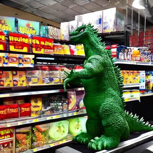 Prompt: Godzilla doing groceries