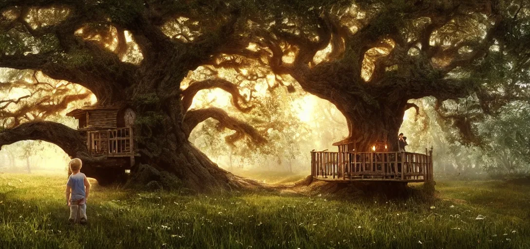 Image similar to Kid with red radioflyer standing in front of beautiful tree house in an old oak tree on a beautiful meadow with flowers, dramatic lighting, cinematic, establishing shot, extremly high detail, photo realistic, cinematic lighting, post processed, concept art, artstation, matte painting, style by eddie mendoza, raphael lacoste, alex ross