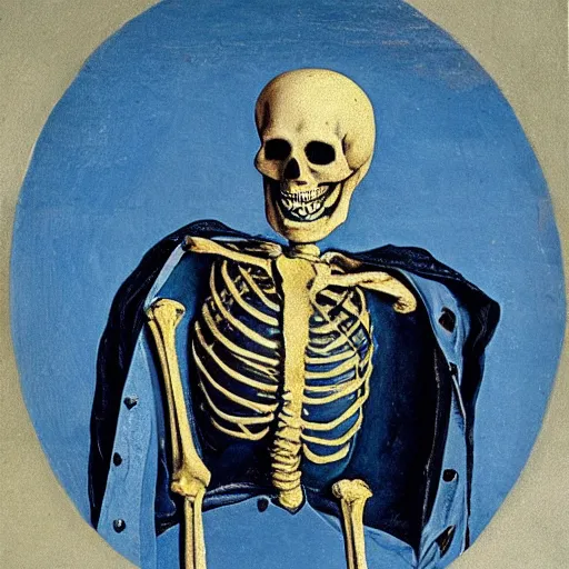 Image similar to smiling skeleton wearing blue puffy jacket, renaissance painting