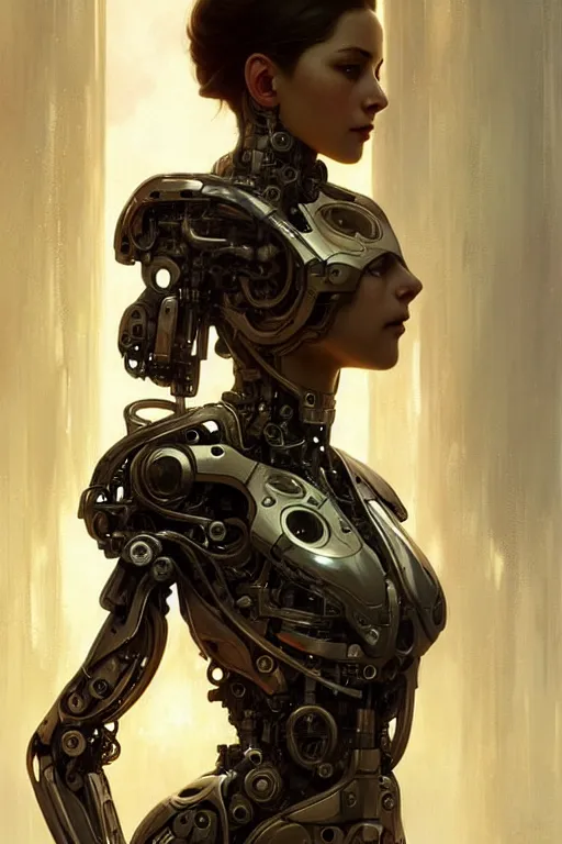 Image similar to beautiful female mechanical android!, half portrait, intricate detailed environment, photorealistic!, intricate, elegant, highly detailed, digital painting, artstation, smooth, sharp focus, art by artgerm and greg rutkowski and alphonse mucha