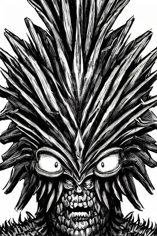 Image similar to pineapple humanoid figure monster wearing pineapple themed armour, symmetrical, highly detailed, digital art, sharp focus, trending on art station, kentaro miura manga art style