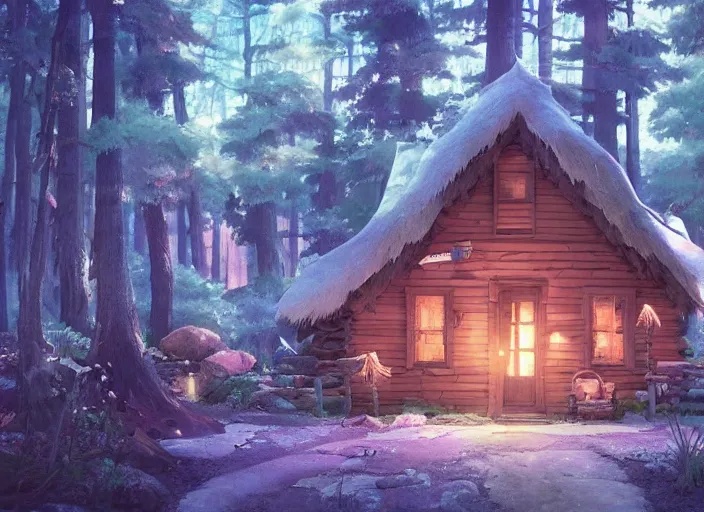 Image similar to A witches cabin in the woods, peaceful and serene, incredible perspective, soft lighting, anime scenery by Makoto Shinkai and studio ghibli, very detailed