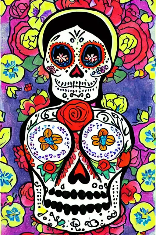 Prompt: Illustration of a sugar skull day of the dead girl, art by andre derain