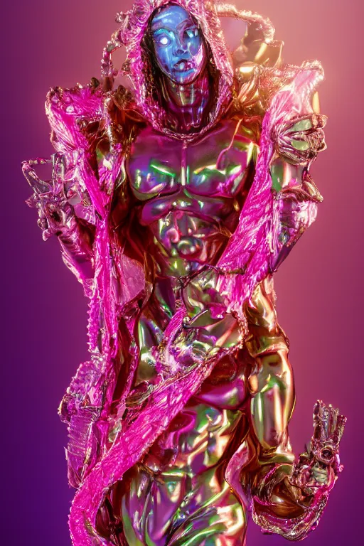 Image similar to hyper detailed ultra sharp fullbody photo of baroque and cyberpunk transparent pink ceramic sculpture of a muscular seductive muscular italian guido feeling muy cachondo, muy dotado, iridescent humanoid deity wearing pink plastic seethrough cloak, holding a rainbow tiger gem, blue diamond, glowing pink face, crown of white diamonds, cinematic lighting, photorealistic, octane render 8 k