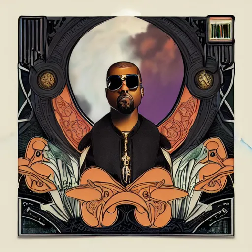 Prompt: Art Nouveau rap album cover for Kanye West DONDA 2 designed by Virgil Abloh, HD, artstation