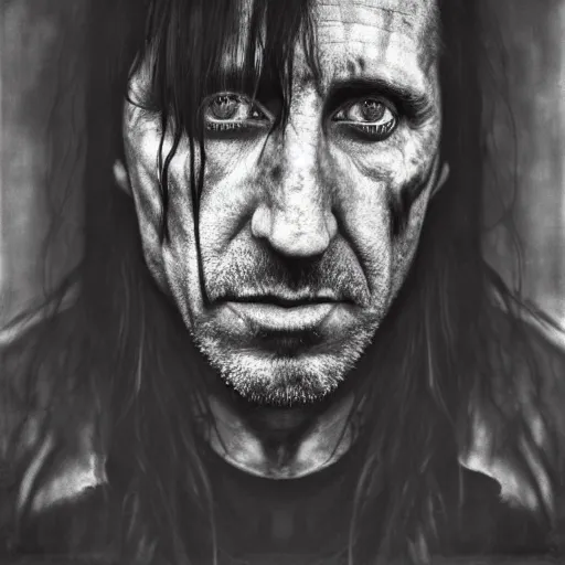 Prompt: portrait of trent reznor with long hair as a zombie by lee jeffries and michael hussar, horror, grotesque, award winning, sony a 7 r, trending on artstation