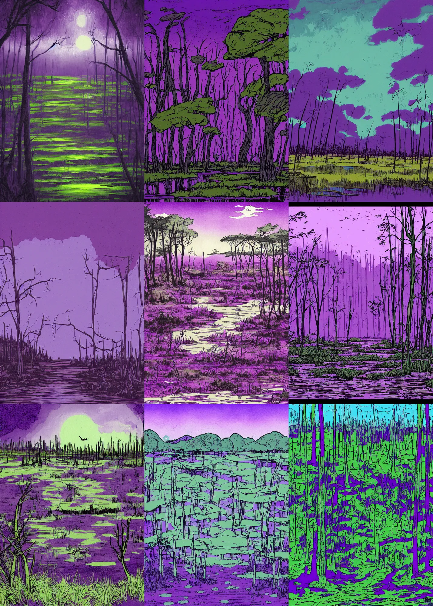 Prompt: violet swamp landscape, by tim doyle