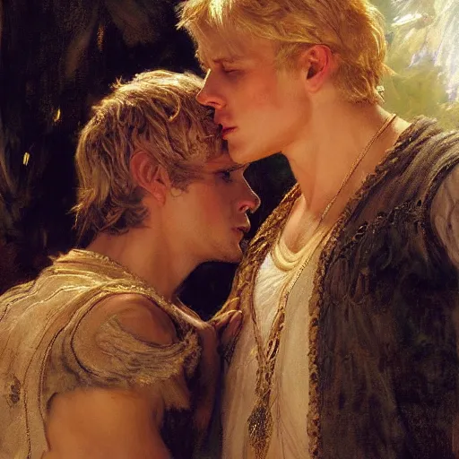 Image similar to attractive male, arthur pendragon who has blond hair confesses his love to attractive male, merlin who has dark hair. highly detailed painting by gaston bussiere, craig mullins, j. c. leyendecker 8 k