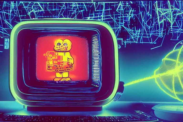 Image similar to toaster emerging from a space portal in cyberspace, fractal, in 1 9 8 5, y 2 k cutecore clowncore, bathed in the glow of a crt television, crt screens in background, low - light photograph, in style of tyler mitchell