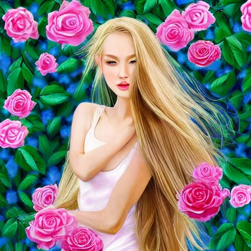 Prompt: a beautiful yong woman with blonde hair blue eyes caucasian with flowers in the long hair moved by the wind in a full colored garden under a bounch of roses, realistic light, digital painting rich details