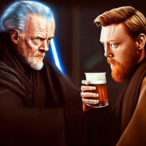 Image similar to star wars palpatine and obi wan drin beer in a sci - fi bar, movie still, screenshot, photorealistic painting, fanart, highly detailed