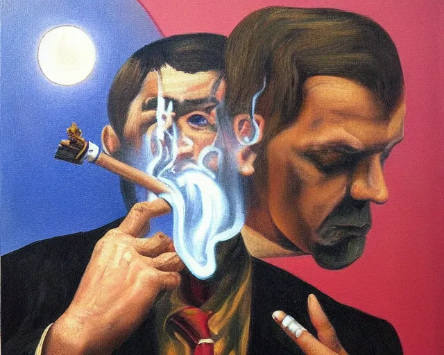 Image similar to a surreal painting of man smoking a joint