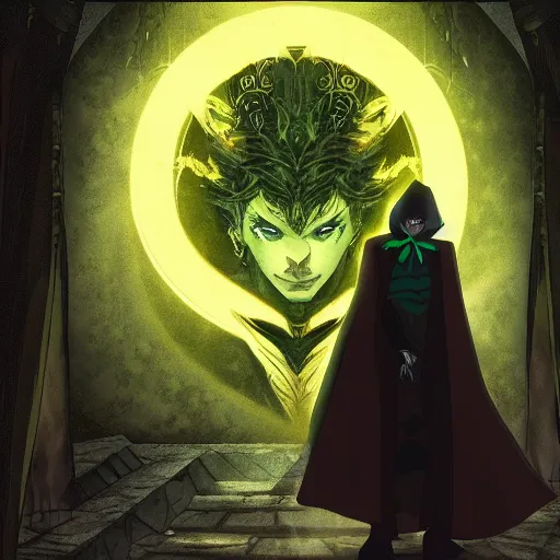 Prompt: Warlock, wearing dark green robes, controlling shadows, 4k, high detail in the style of the castlevania show