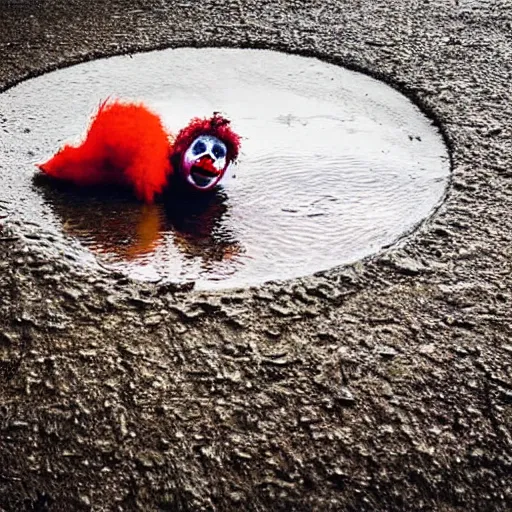 Image similar to A creepy clown emerging froma puddle of water, dramatic