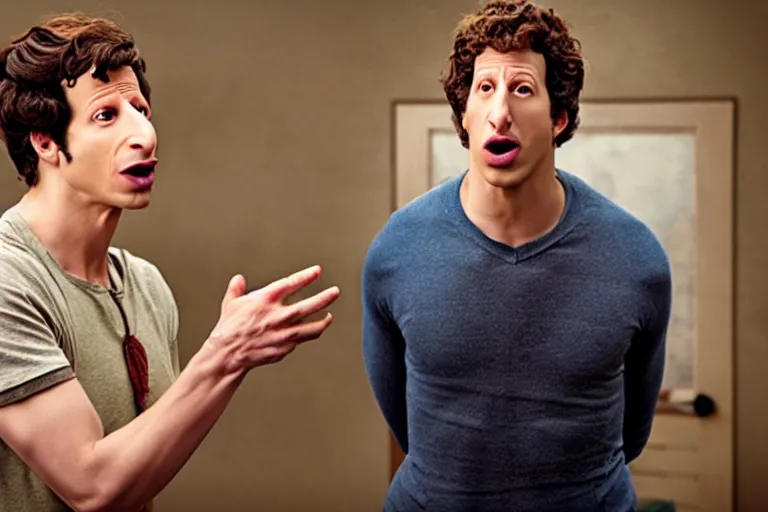 Image similar to a cinematic still of ((andy samberg)) astonished, masterpiece