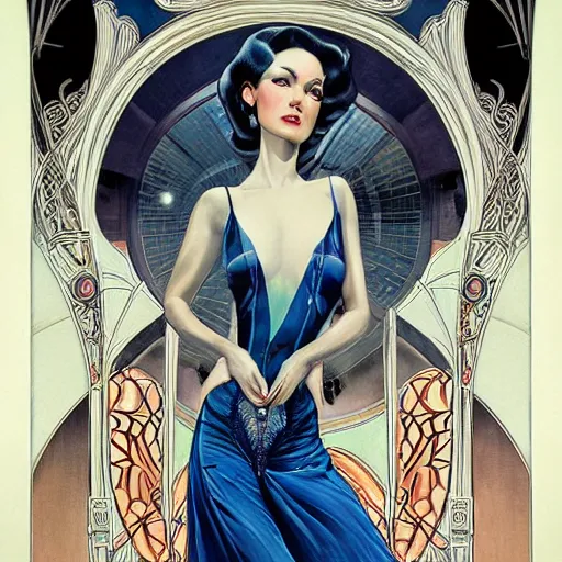 Prompt: an art nouveau, ( streamline moderne ), multi - ethnic and multi - racial portrait in the style of anna dittmann and donato giancola and virgil finlay. very large, clear, expressive, and intelligent eyes. symmetrical, centered, ultrasharp focus, dramatic lighting, photorealistic digital matte painting, intricate ultra detailed background.