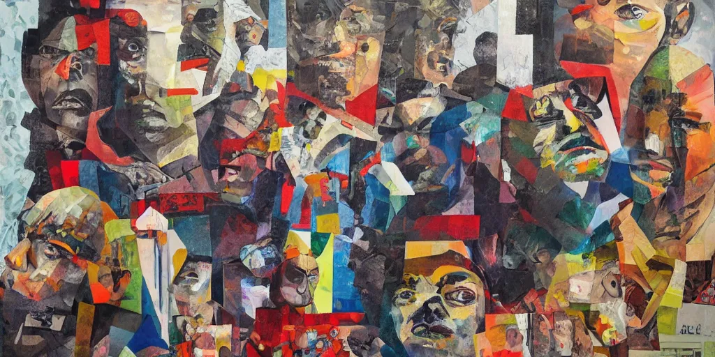 Prompt: gangsters, collage, acrylic on canvas, expressionism movement, breathtaking detailed, by blake neubert