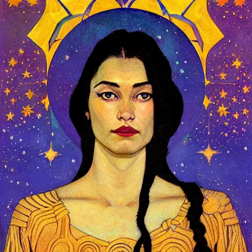 Image similar to queen of the moon with stars in her hair, by nicholas roerich and annie swynnerton and donato giancola and diego rivera and dulac, dramatic lighting, god rays, geometric tattoos, rich colors, smooth sharp focus, extremely detailed, leo and diane dillon, adolf wolfli